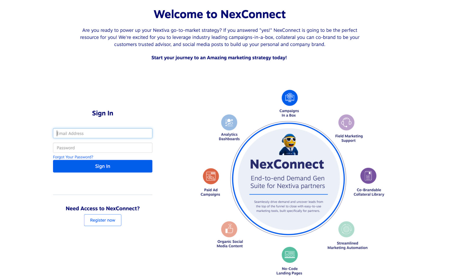 A webpage displaying the NexConnect portal with email address and password input fields for signing in.