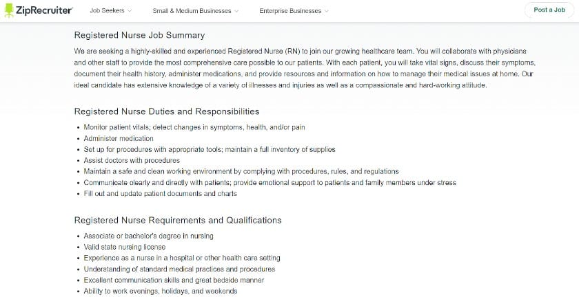 ZipRecruiter offers a nursing job description sample template to help you create the best job ad.