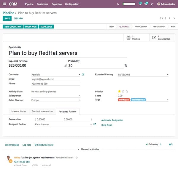 Odoo CRM schedule calls and create quotations