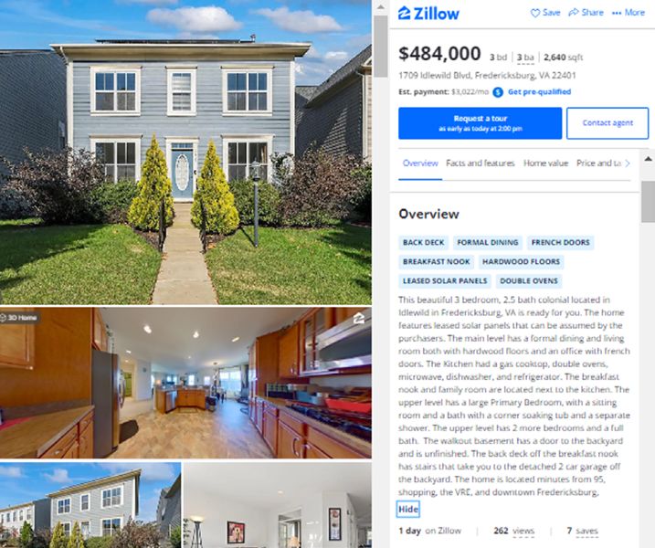 Zillow real estate listing showing photos of the property, price, and overview section.