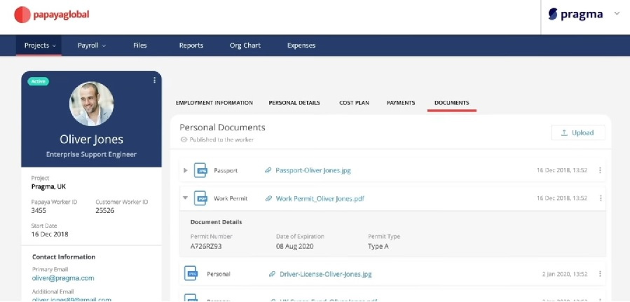 A screenshot that shows the features of Papaya Global's employee profile solution.