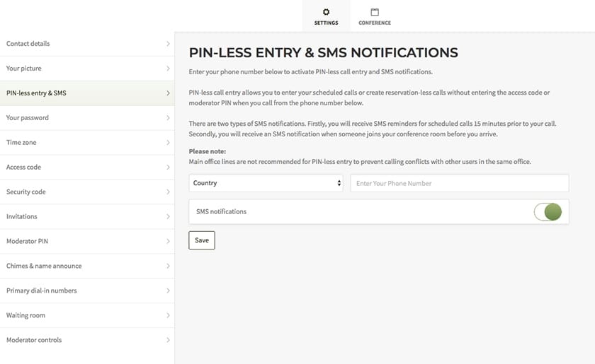 Phone.com PIN-less entry to meetings feature
