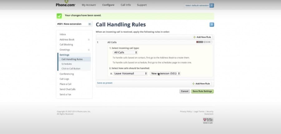 A photo capture of Phone.com's call handling dashboard with call handling rules.