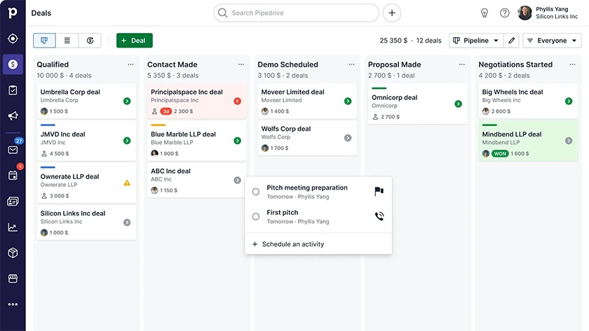 An example of Pipedrive's deal management module.