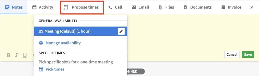 Proposing a meeting time in a contact record in Pipedrive.