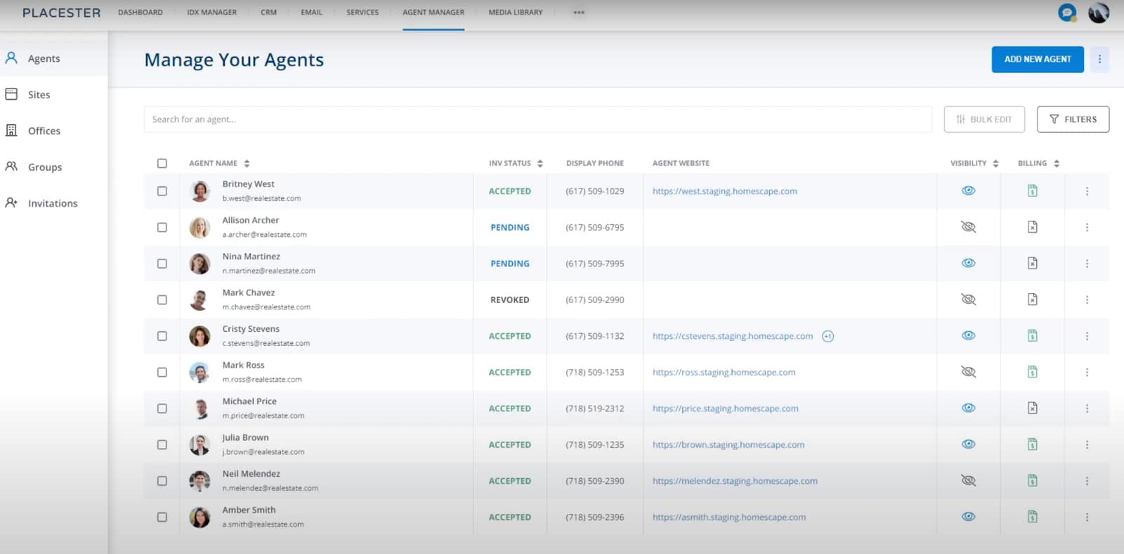 Screenshot of Placester's agent manager dashboard.
