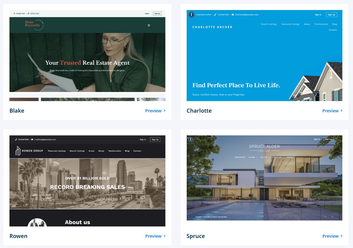 Sample of Placester’s website templates.