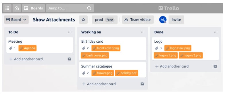 Example of attachments Power Up in Trello.