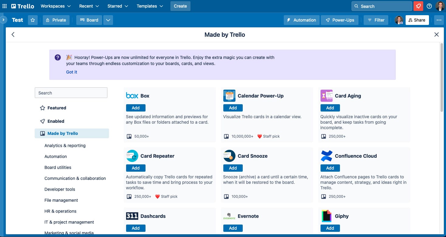 Popular Trello Power Ups and integrations available.