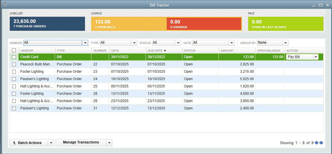 QuickBooks Desktop Pro bill tracker example.