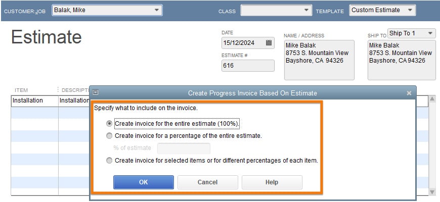 Estimate screen where you can set up progress invoicing in QuickBooks Enterprise.