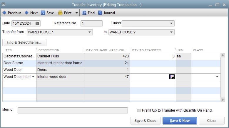 Inventory screen where you can transfer items from one location to another in QuickBooks Enterprise.