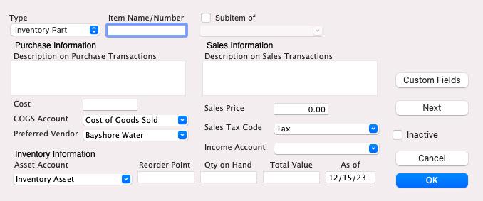 Screen to enter new inventory items in QuickBooks for Mac.