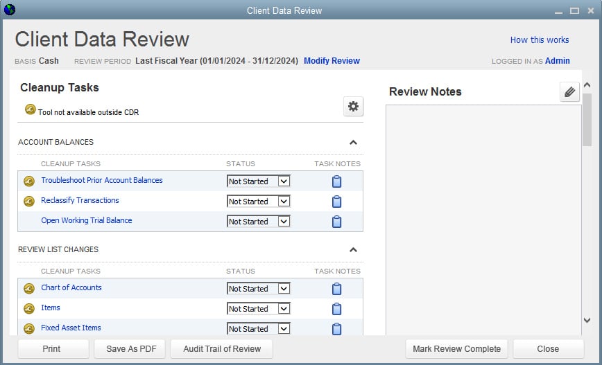 Quickbooks Client Data Review sample.