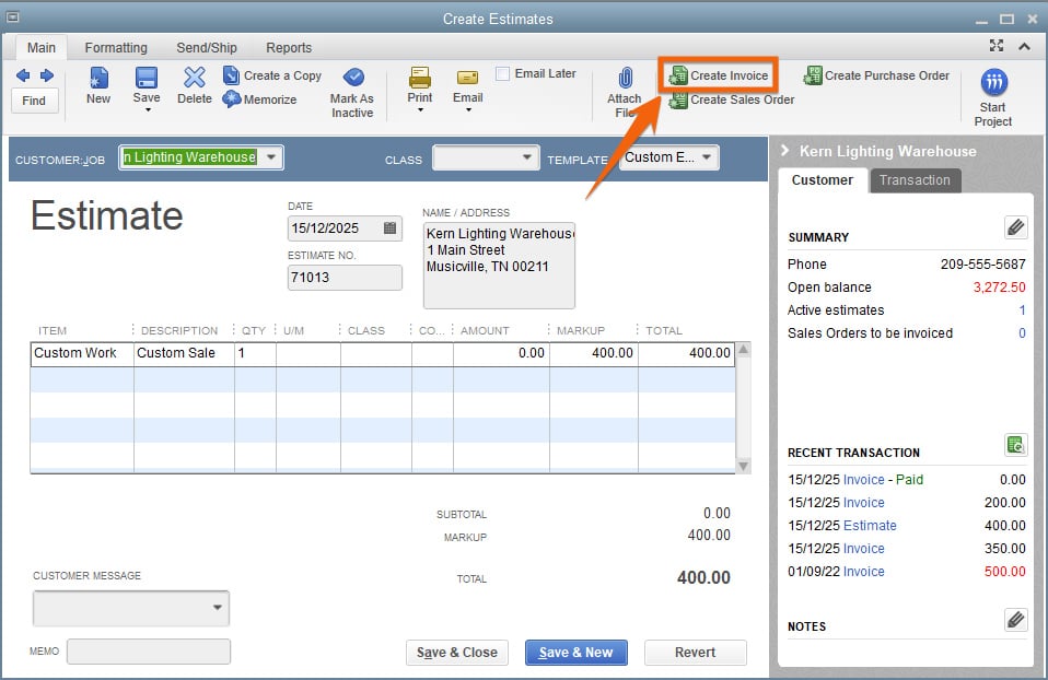 Create invoice from estimate in QuickBooks Pro.