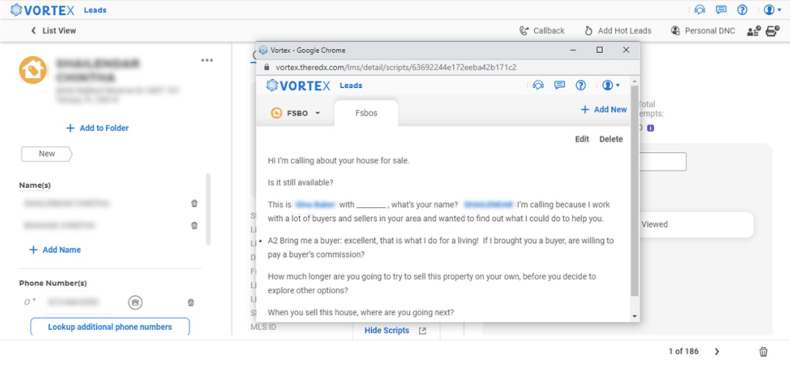 Vortex platform showing a sample lead information with expanded phone script.