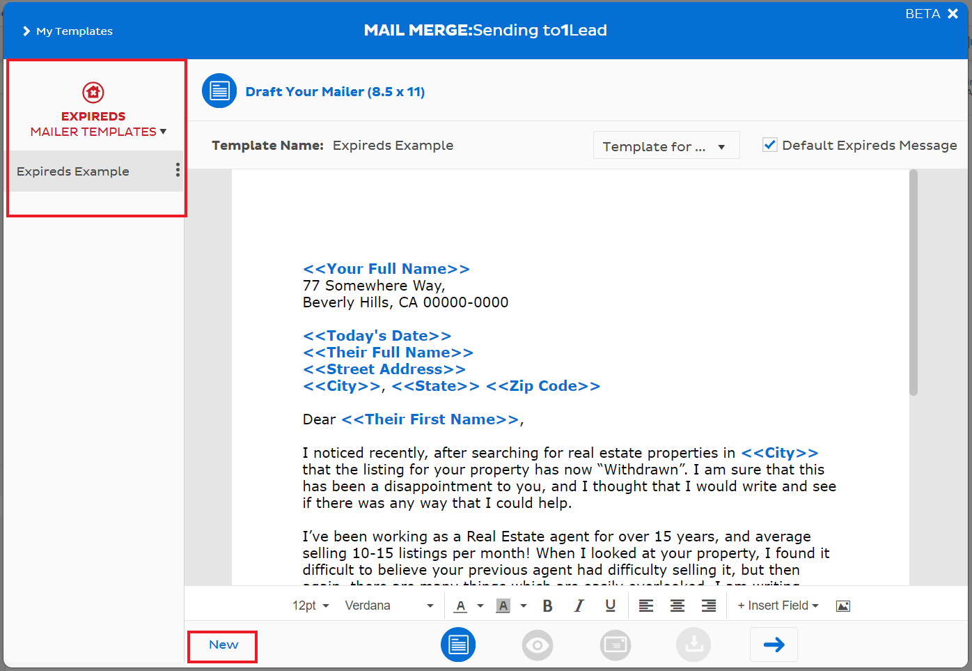 Mail Merge feature showing a sample mailer template.