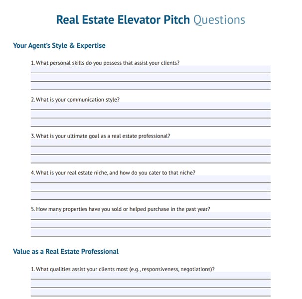 Real Estate Elevator Pitch Questions