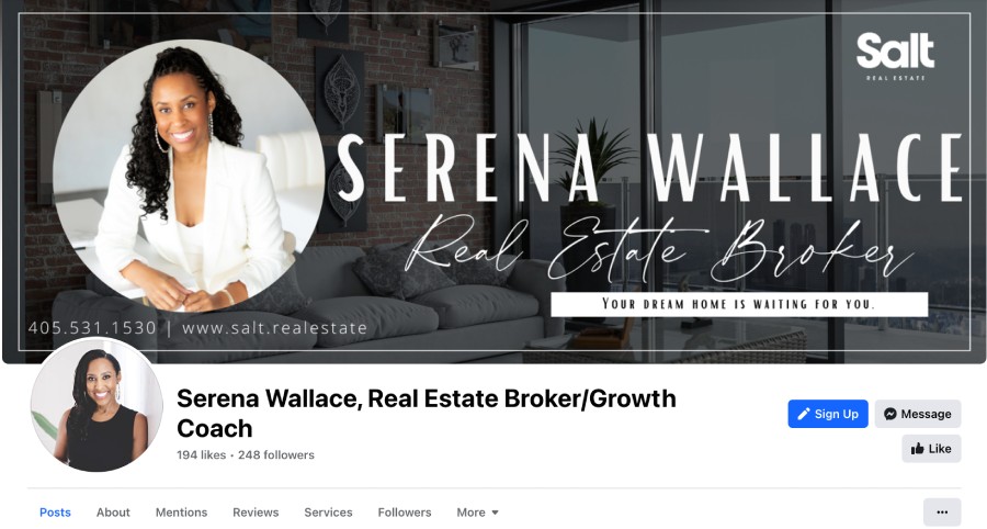 Real estate agent Facebook page example with cover photo and title from Serena Wallace.