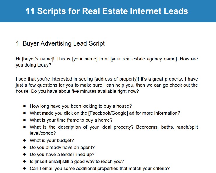 Real estate internet leads scripts.