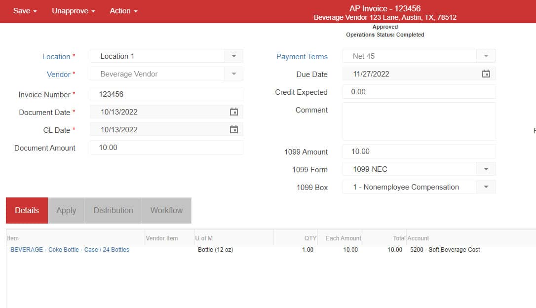 Image showing the AP invoice window of Restaurant365.