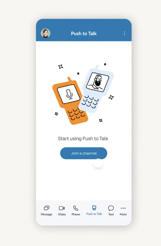 RingCentral interface showing the push to talk feature with the "Join a channel" button.