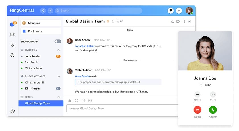 RingCentral team chat option where colleagues share updates on tasks