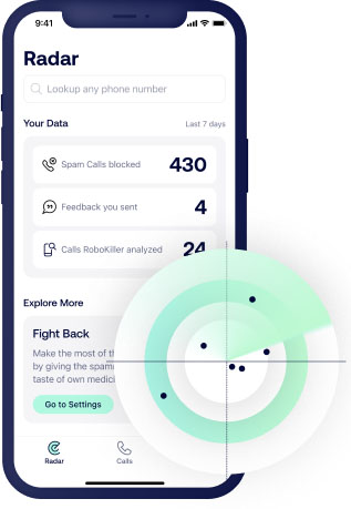 A smartphone screen displaying RoboKiller's Radar feature, which shows figures for the number of blocked spam calls, feedback sent, and calls the platform analyzed.