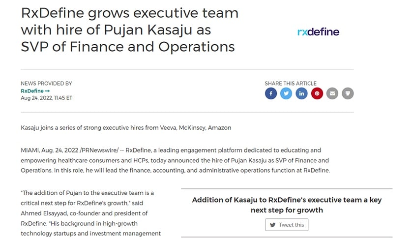 RxDefine example of new hire press release