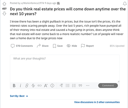 Sample Reddit thread requesting answers to a real estate question