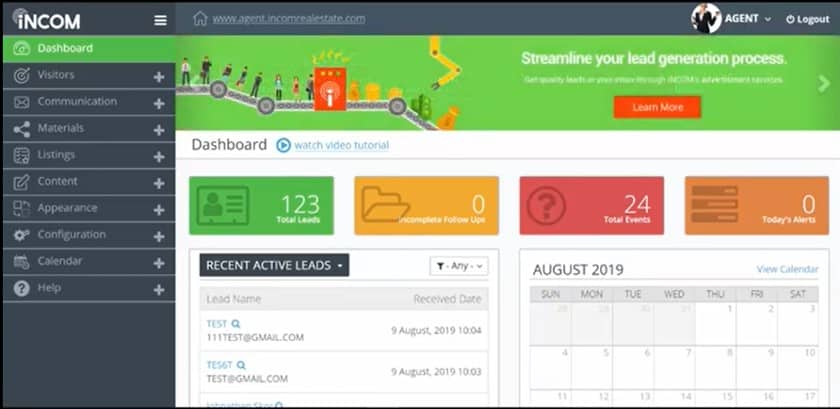 Sample iNCOM agent dashboard.