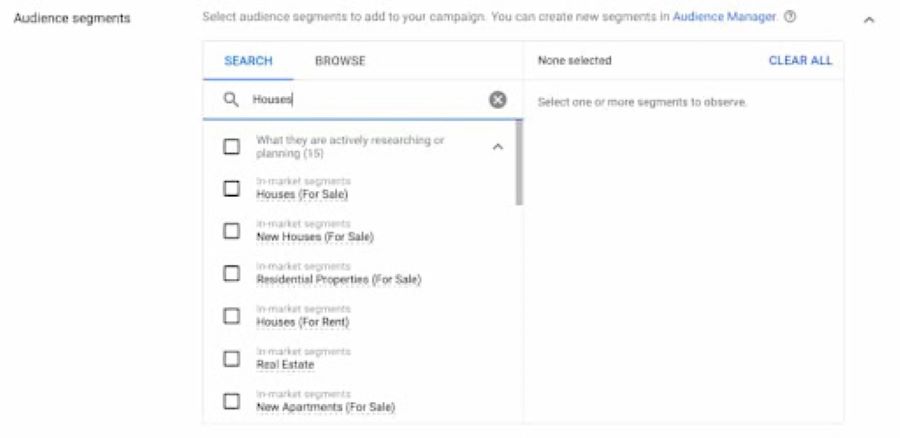 Segmenting audiences on Google ads through Google's Audience Manager interface