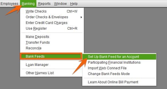 Configuring a bank feed in QuickBooks Desktop.