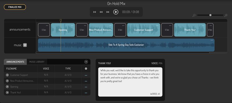 Snap Recordings' Studio interface displaying audio charts that represent announcements and music.