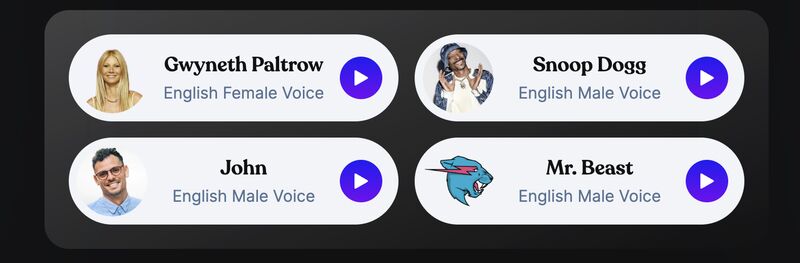 Widgets containing names of Speechify voice talents and play buttons.