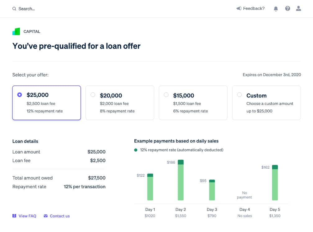 Screenshot of Stripe Capital dashboard showing pre-qualified offers, loan options, and payment terms.