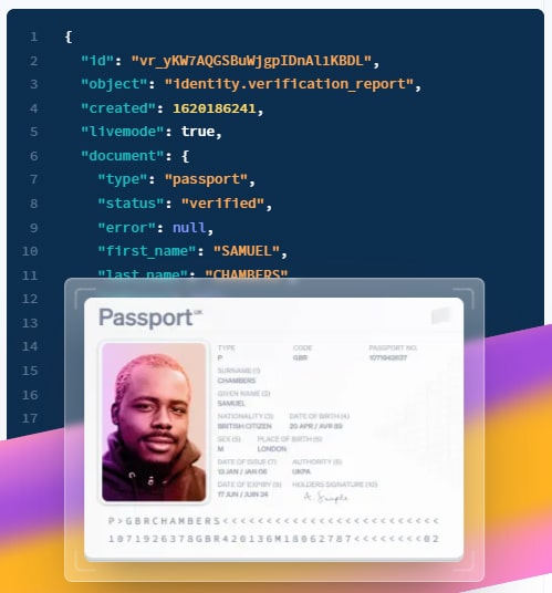 Lines of code from Stripe's ID verification tool juxtaposed with a passport that it is verifying.