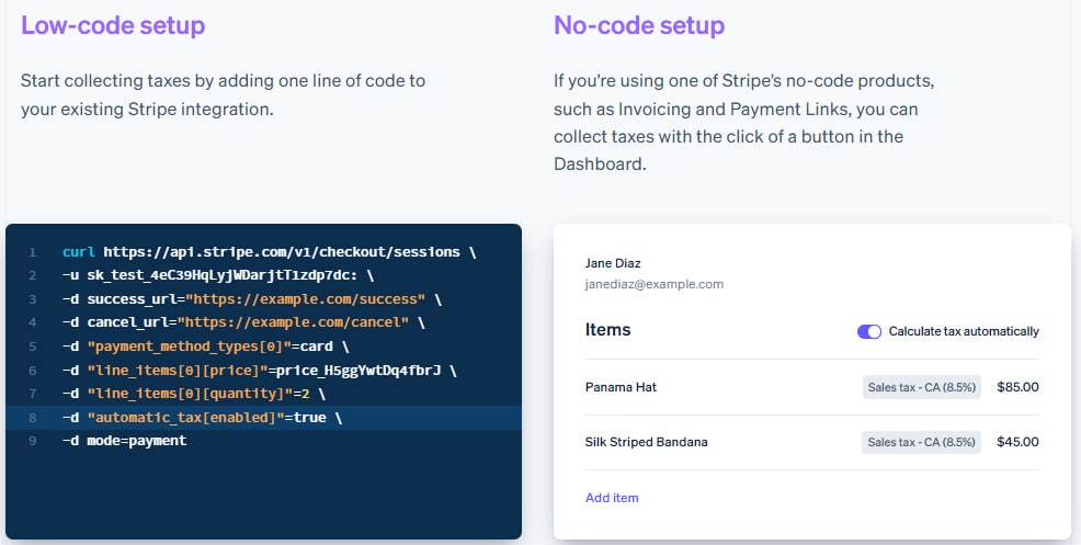 Screenshot from Stripe's website showing Low-code plug-and-play and No-code payment link options.