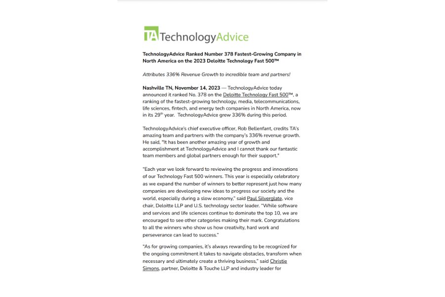 Sample press release from TechnologyAdvice.
