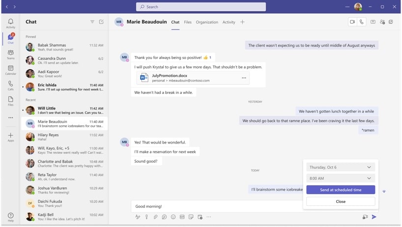 Microsoft Teams dashboard showing the option to schedule send a message.
