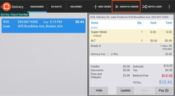 Screenshot of Toast POS' Dispatch Driver function where you can assign delivery drivers and see when they're en route.