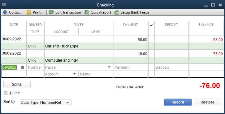 Transactions in the checking account register.