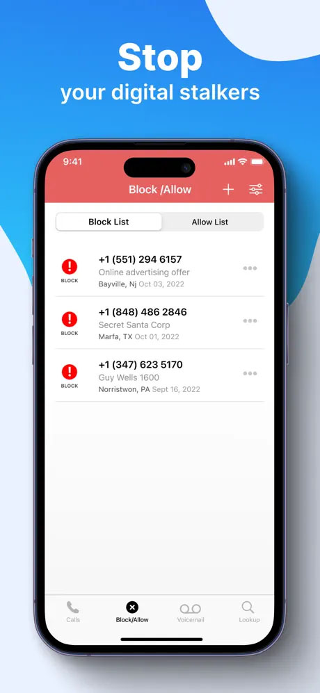 A smartphone showing TrapCall's Block List feature with a list of blocked phone numbers, along with the associated business names and addresses.