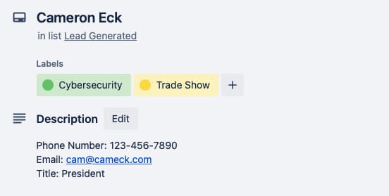 Labels and descriptions in a Trello card.
