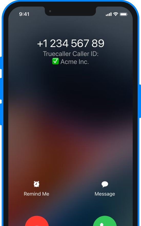 An incoming call alert on iPhone showing a phone number and a Truecaller caller ID with a verified badge.
