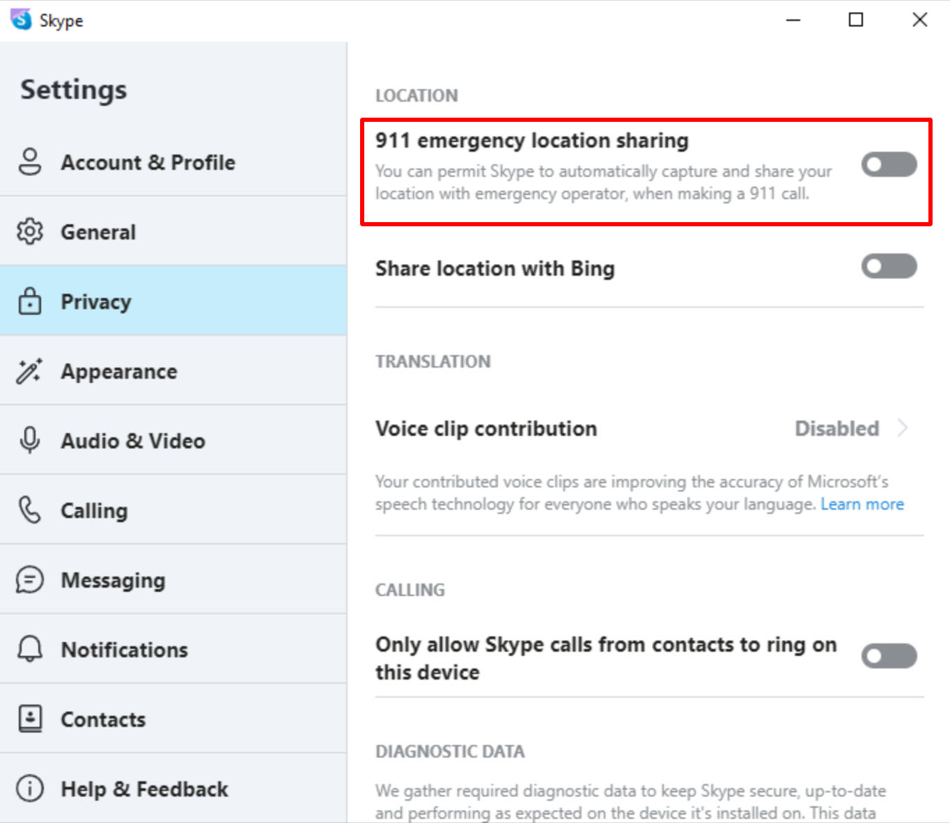 Skype interface showing privacy settings with a red box highlighting "911 emergency location sharing".