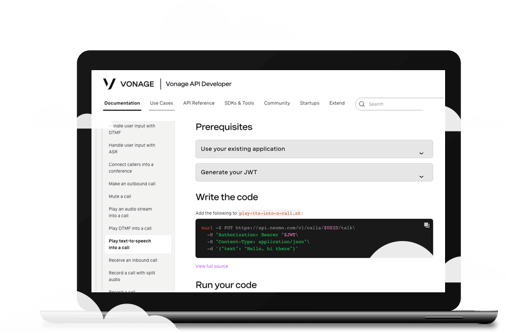 Laptop with Vonage's API developer page.
