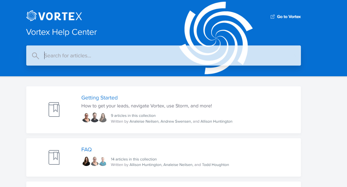 Vortex Help Center showing a search field and Getting Started and FAQ sections.