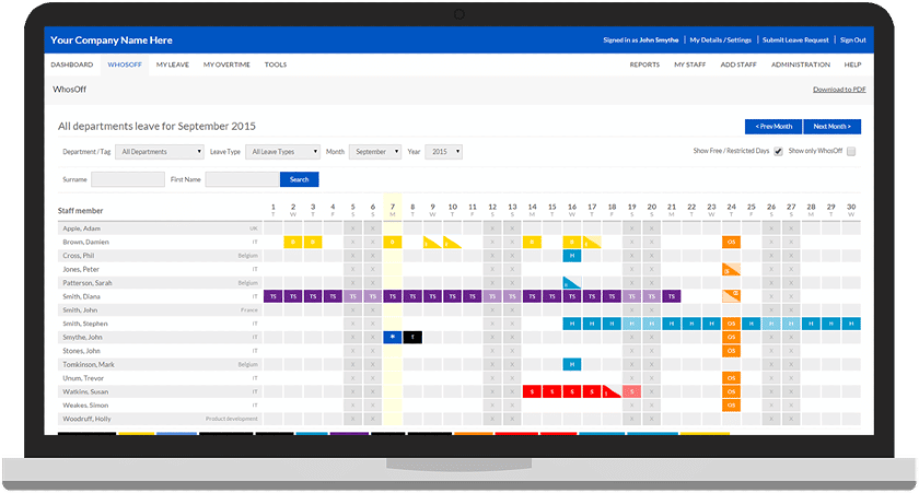 WhosOff has calendars for teams or departments.