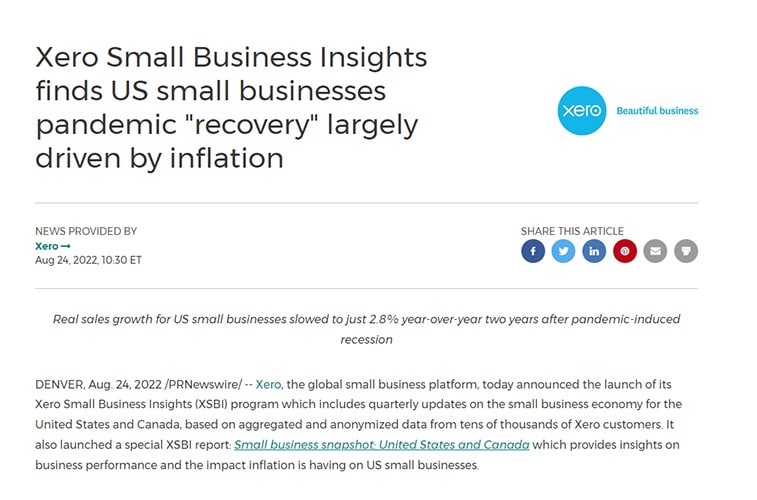 Xero Small Business Insights example of report press release